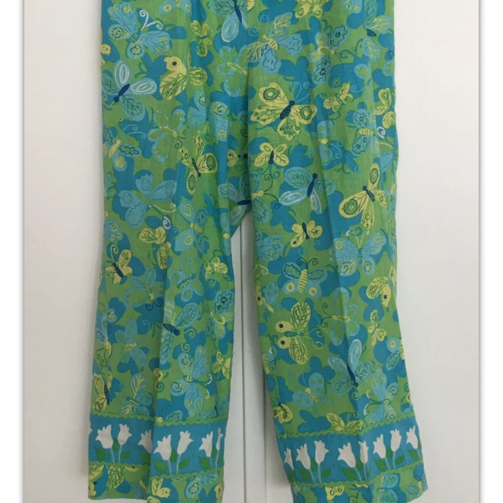Natalie &Me Weekend cropped pants green turquoise bees Contrast Trim Ric Rack M